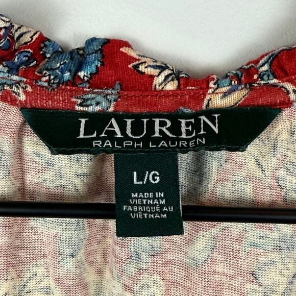 Ralph Lauren Floral Top Womens Large Red Blue Linen Blend Tie-Neck Blouse Bloom - Picture 5 of 8